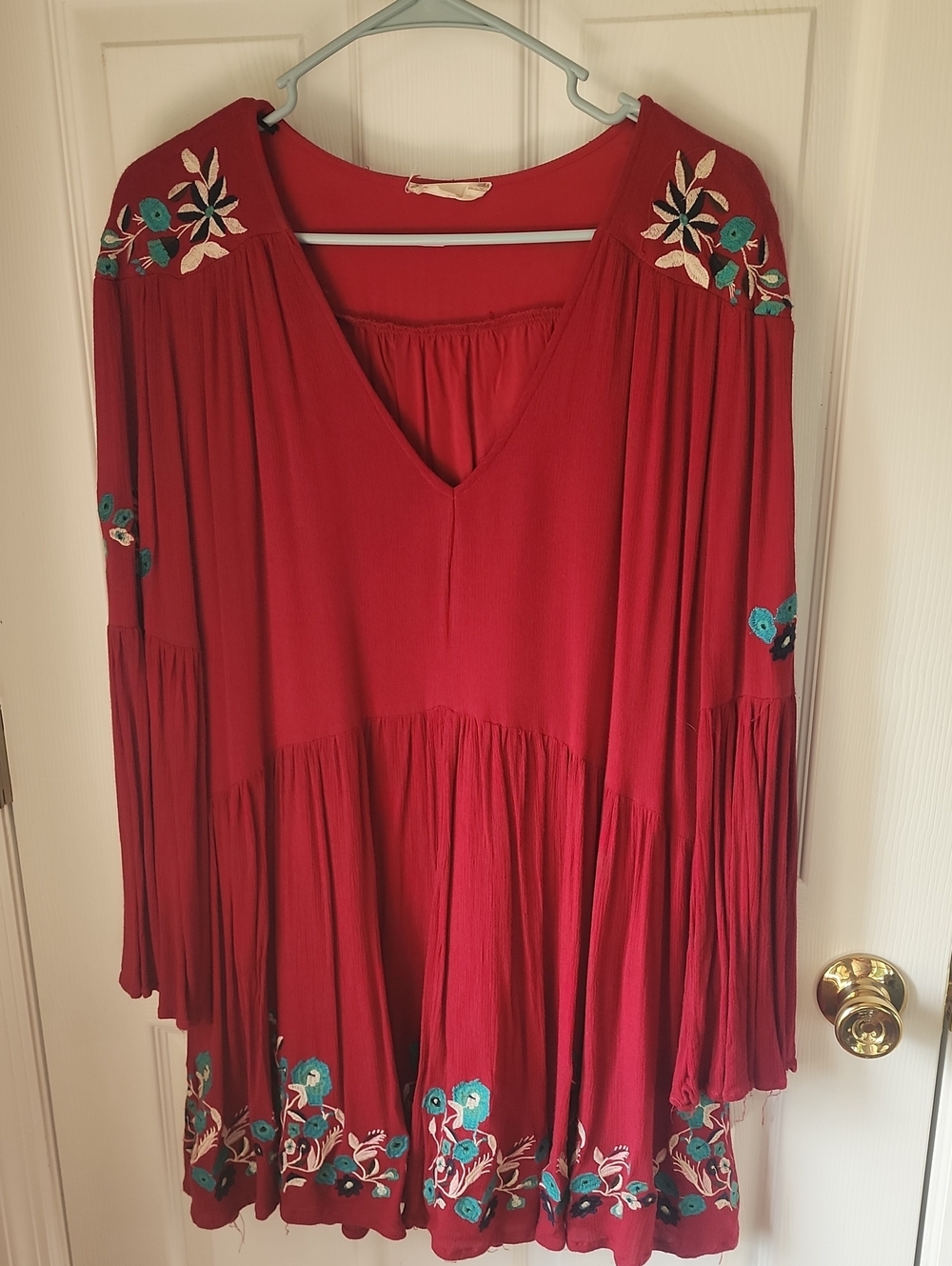 Altar'd State Red V-Neck Embroidered Tunic with Teal & Cream Accents